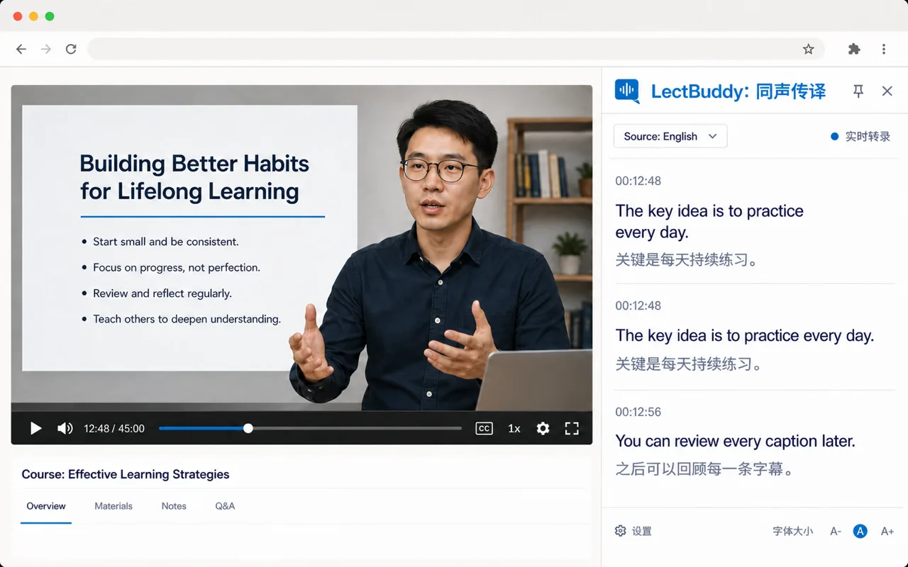 A browser lecture with Memo Card side-panel captions shown in English and Chinese