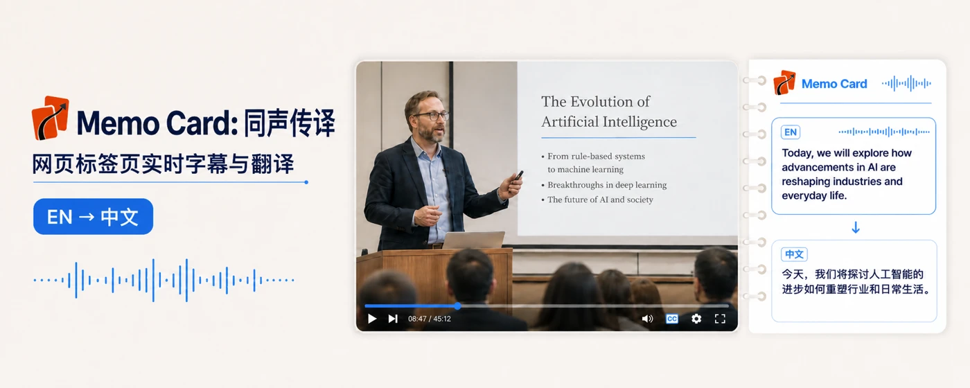 Memo Card side panel showing a live English caption and Chinese translation alongside a browser class