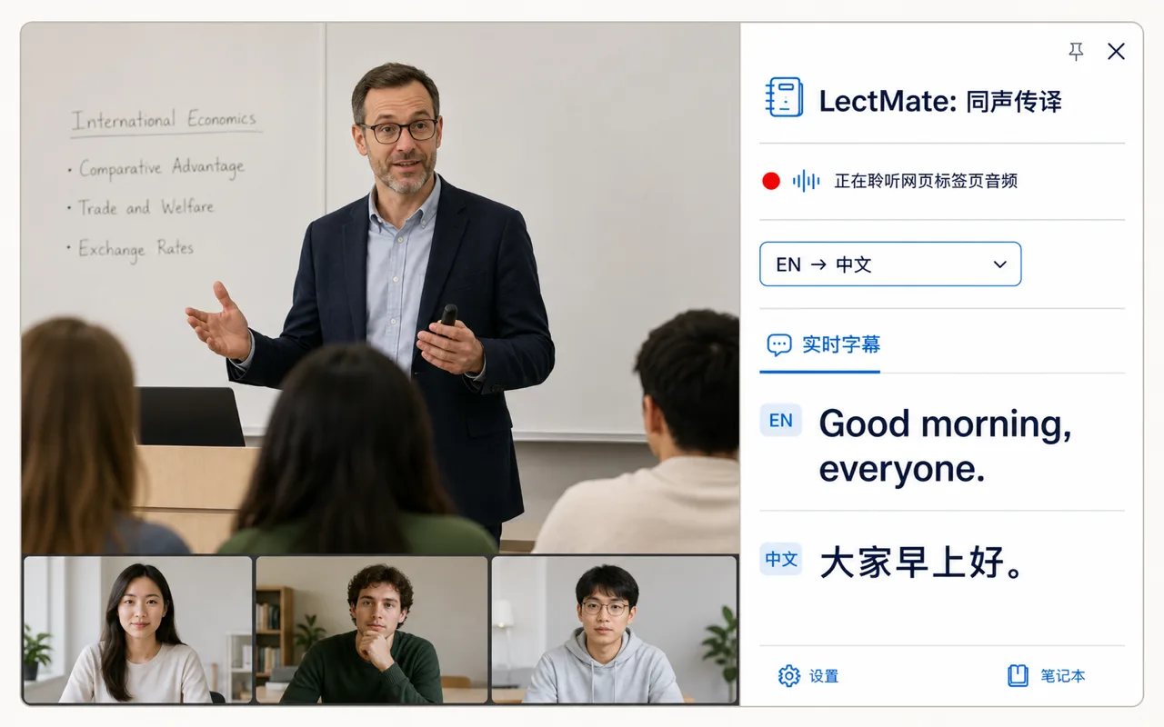 Memo Card Chrome 插件在网页课堂旁显示英文原文和中文实时字幕