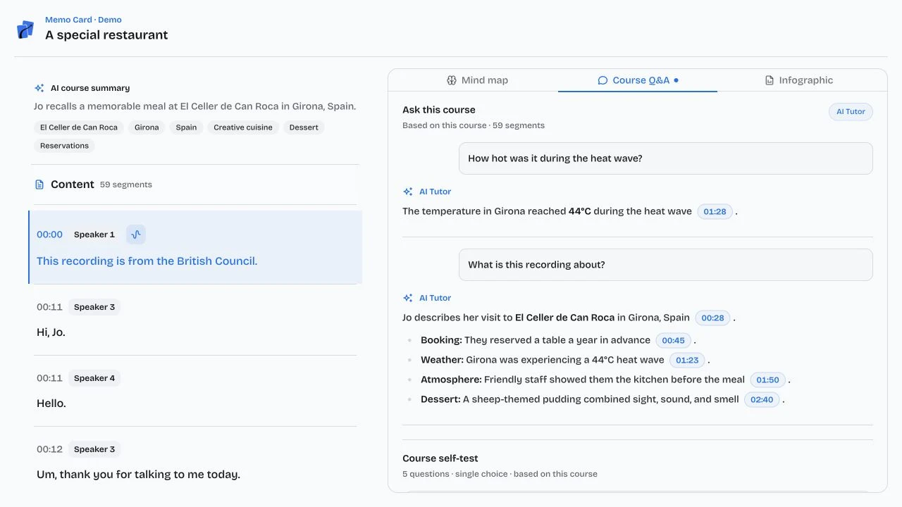 Memo Card AI Tutor answer with lecture timestamps